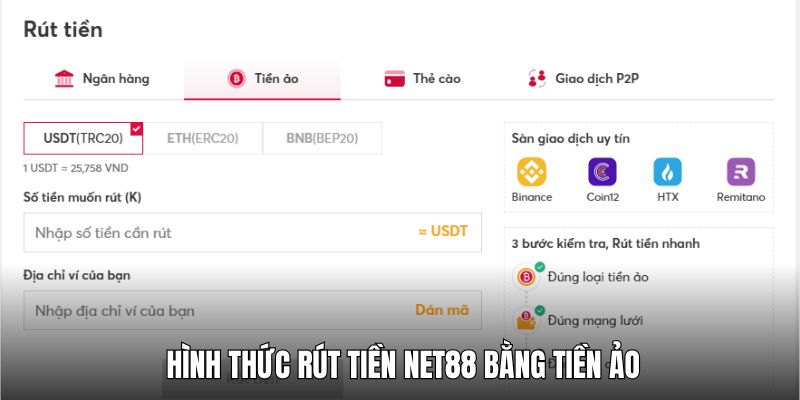 Hình thức rút tiền tại NET88 bằng tiền ảo